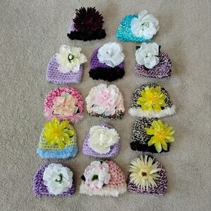 14 Hand Crocheted Beanies With Flower Pins
